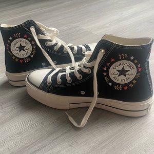 Black Platform Embroidered Converse